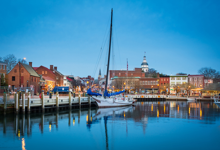 A picture of boats by the commercial dock at the Annapolis Maryland State in Washington, DC.