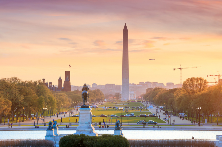 Washington DC city view at a orange sunset, including Washington