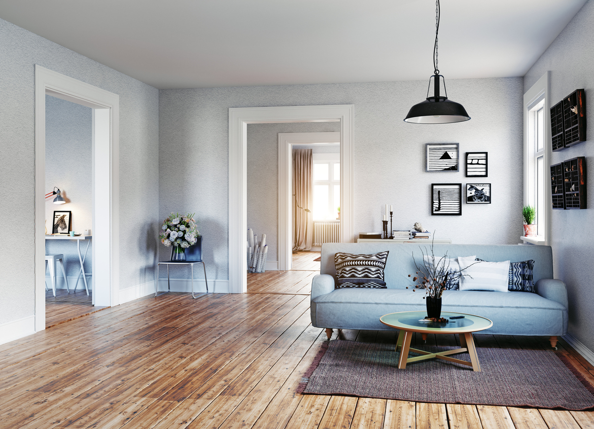 Interior of a modern condo with a distinct flooring