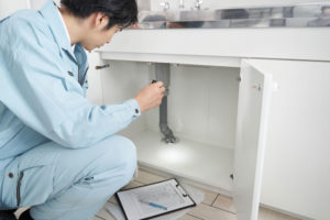 A man doing an inspection under the sink