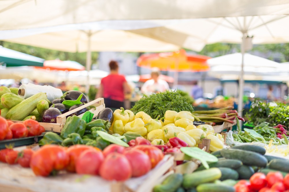 Farmers Food Market Stall With Variety Of Organic Vegetable